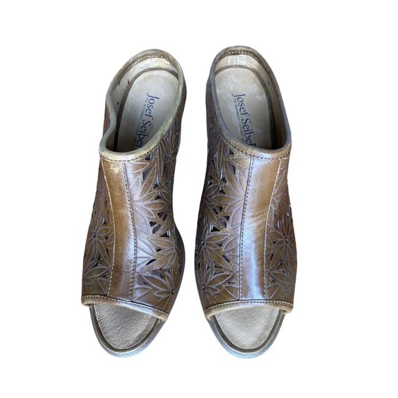 Josef Seibel Leather Open Toe Mules Size 37/6 Floral Cutout Design Stacked Heel - Picture 7 of 9